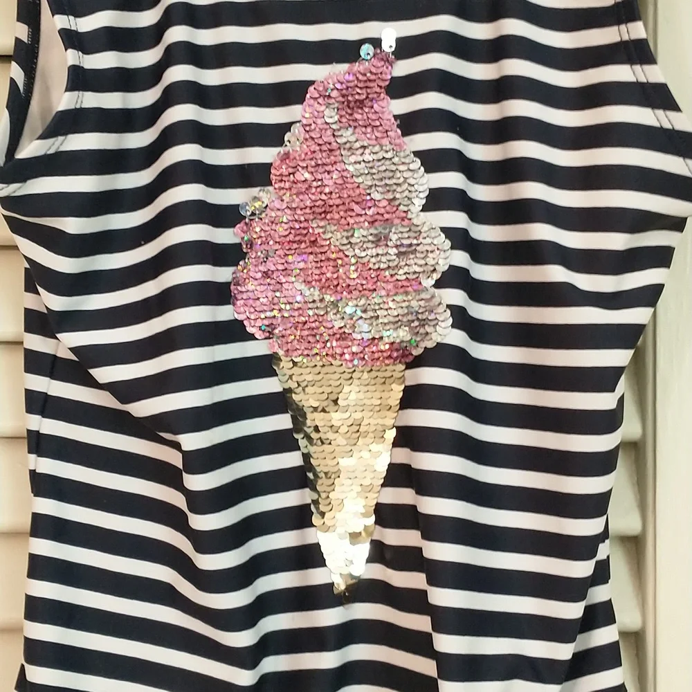 Kids Gap Nautical‎ Stripe One Piece Swimsuit, Sequin Ice Cream Cone, Size Large